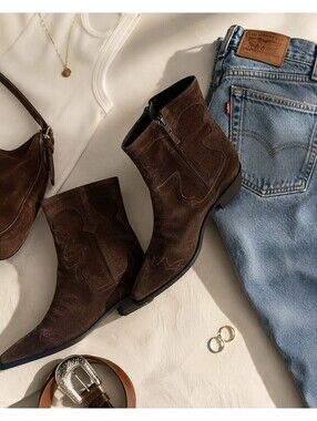 Bibi Lou Chocolate Brown Suede Western Ankle Boots EU 40 US 9 Pointed Toe